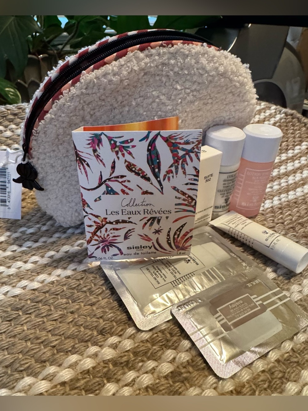 Sisley Cream Shearling Cosmetic Pouch with Pink Trim